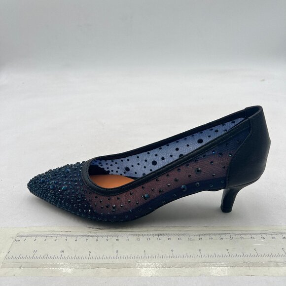 XYD Navy Pointed Toe Slip On Mesh Pumps Rhinestone Studs Comfy Kitten Heels Shoe - Picture 2 of 8